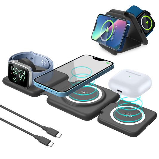 Micflip 3 in 1 Wireless Charging Station,Foldable Portable Charger iphone Magnetic Charging Pad for iPhone 15/14/13/12 Pro Max Plus,Apple Watch,AirPo