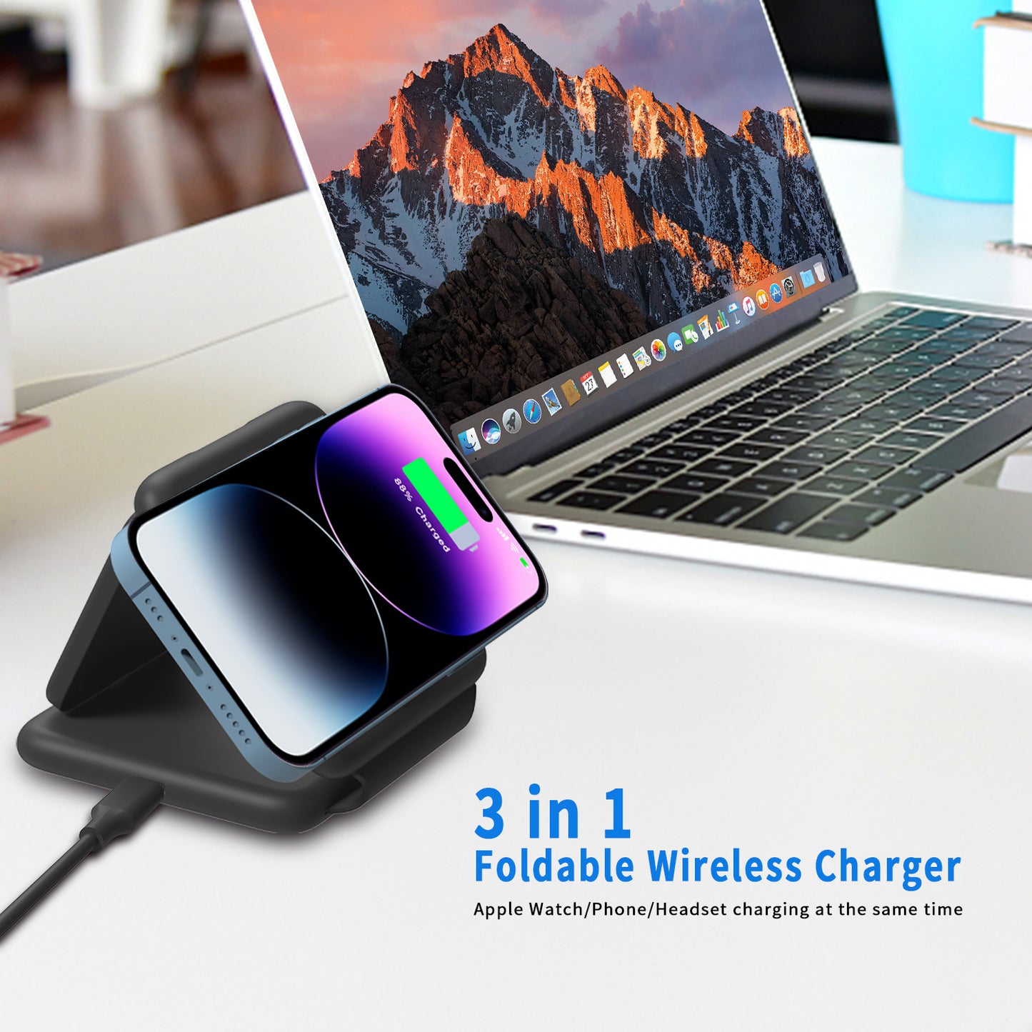 Micflip 3 in 1 Wireless Charging Station,Foldable Portable Charger iphone Magnetic Charging Pad for iPhone 15/14/13/12 Pro Max Plus,Apple Watch,AirPo