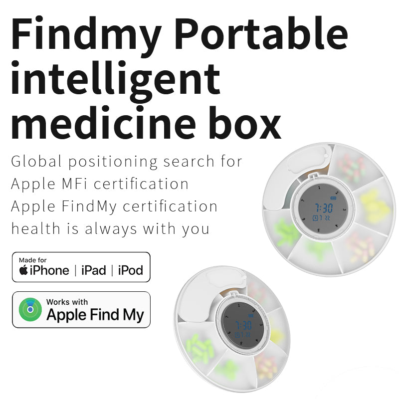 Caja de medicamentos inteligente portátil que funciona con Findmy 