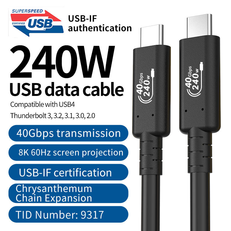 Cable Thunderbolt USB4 tipo C de 40 Gbps, 240 W, carga rápida, 8K, 60 Hz, USB4, Thunderbolt 4, cable de transferencia de datos 