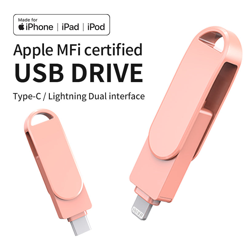 Unidad flash con puertos Lightning/Tipo C/USB A con certificación MFi de Apple: amplíe el almacenamiento de su iPhone/iPad/Android/Harmony OS y haga copias de seguridad de sus archivos de forma segura. 