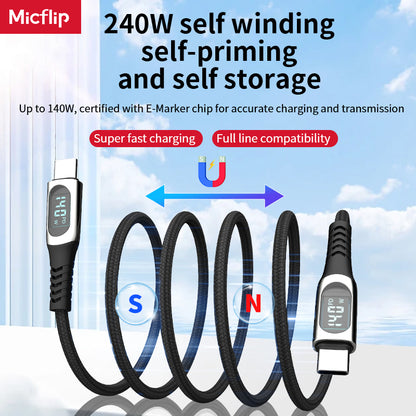 Cable magnético de succión tipo C a tipo C de 140 W, cable trenzado de carga rápida, cable magnético multifunción para teléfono móvil. 