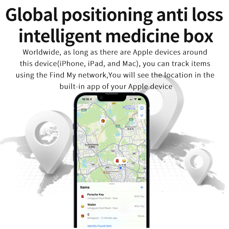 Caja de medicamentos inteligente portátil que funciona con Findmy 