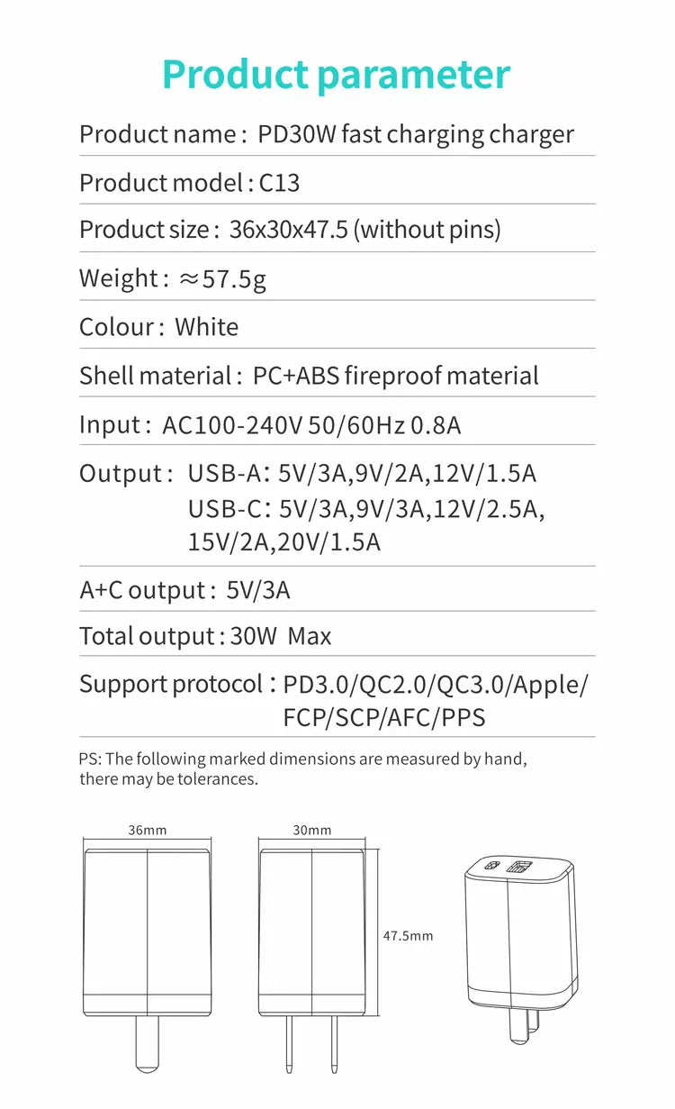 Fast Charge 3.0 USB Charger 30W QC USB Wall Charger US USB-C Power Adapter