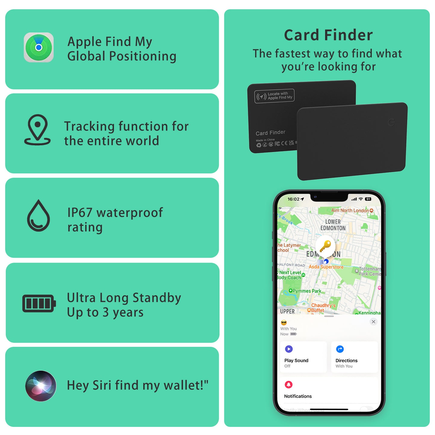 Wireless charging tracking location wallet tracker card Works with Apple Find My (iOS Only)
