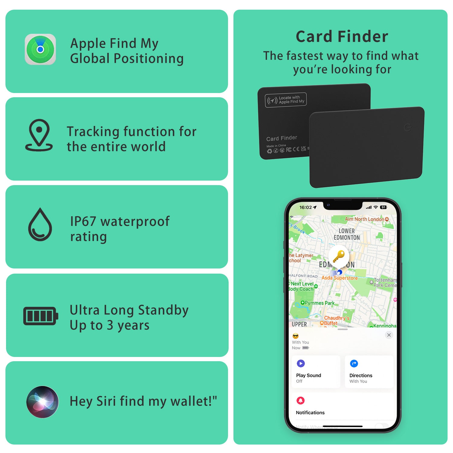 Wireless charging tracking location wallet tracker card Works with Apple Find My (iOS Only)