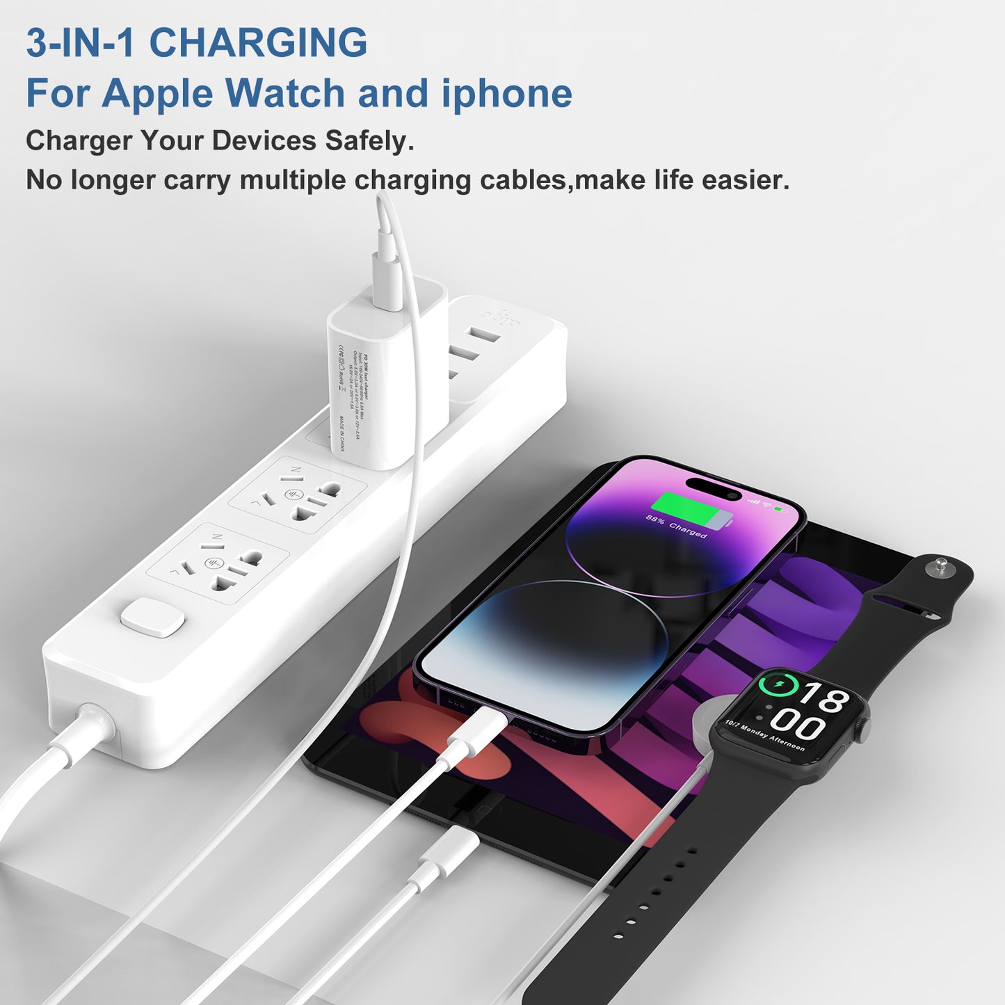 Cargador para Apple Watch blanco con cargador de 30 W para EE. UU. 